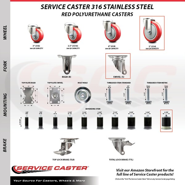 Service Caster 5 Inch 316SS Red Poly Swivel 1-7/8 Inch Expanding Stem Caster Lock Brake, 2PK SS316TTLEX20S514-PPUB-RED-2-S-2-178 - main